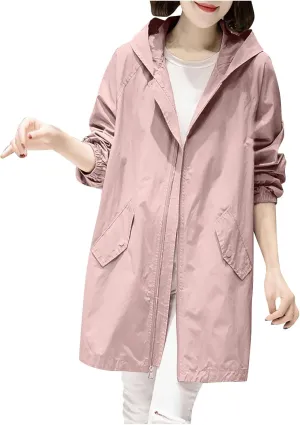 Women Waterproof Lightweight Rain Jacket Long Hooded Active Outdoor Lightweight Raincoat Windbreaker Fall Fashion Coat