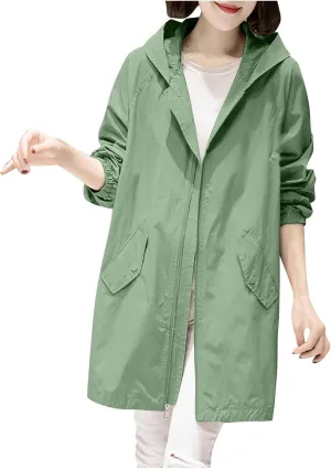 Women Waterproof Lightweight Rain Jacket Long Hooded Active Outdoor Lightweight Raincoat Windbreaker Fall Fashion Coat