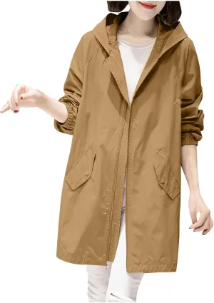 Women Waterproof Lightweight Rain Jacket Long Hooded Active Outdoor Lightweight Raincoat Windbreaker Fall Fashion Coat