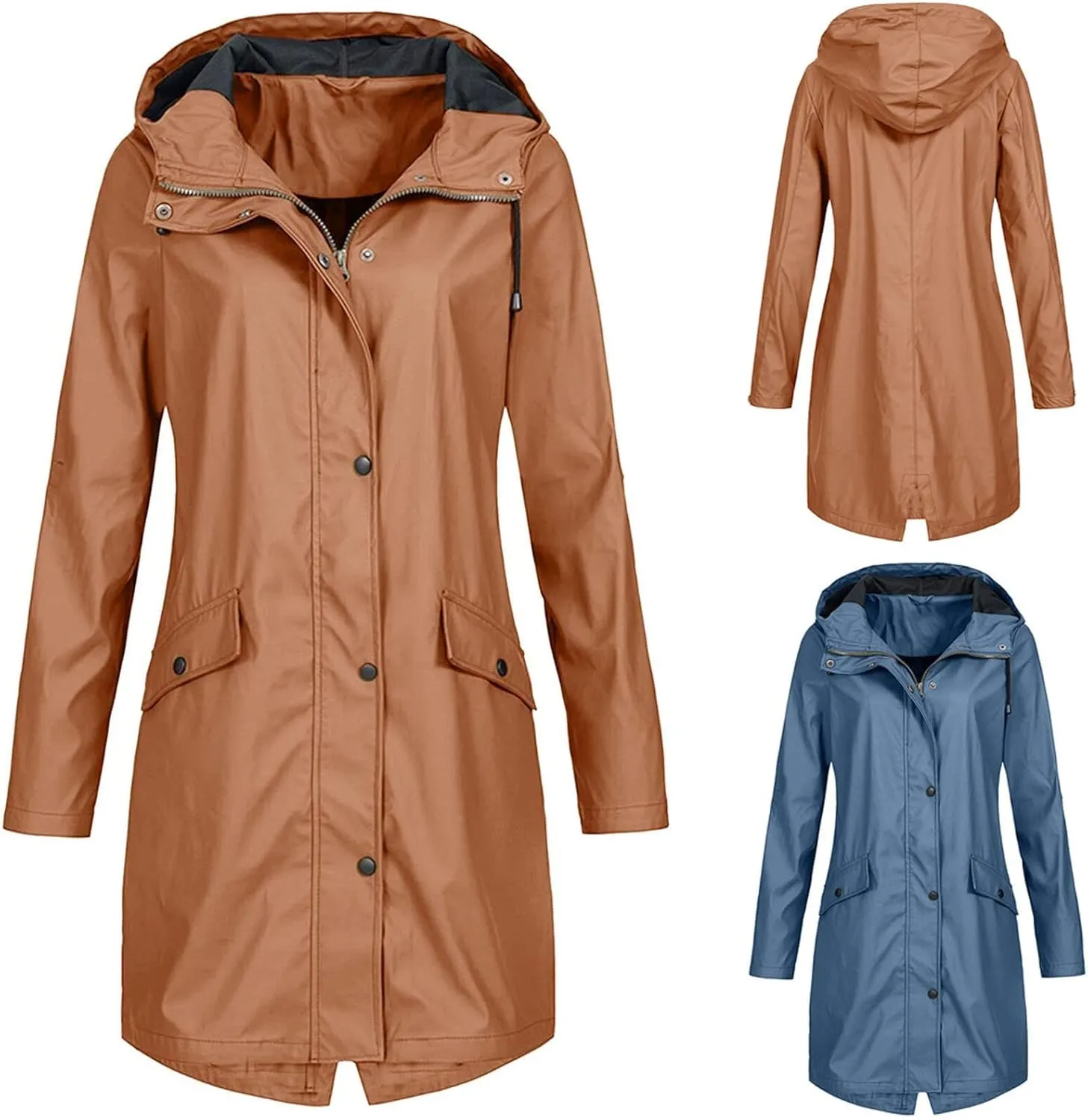 Women Waterproof Long Rain Coat Water Resistant Hooded Jacket Lightweight Outdoor Windbreaker Lightweight Rain Jackets