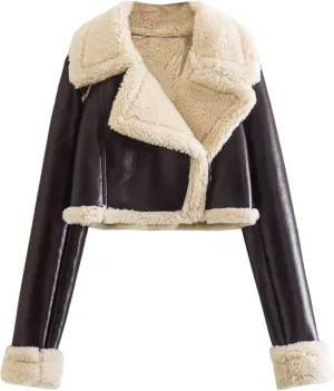 Women Winter Leather Jacket Thicken Fleece Lined Motorcycle Jacket Faux Fur Shearling Fluffy Coat Bomber Coats