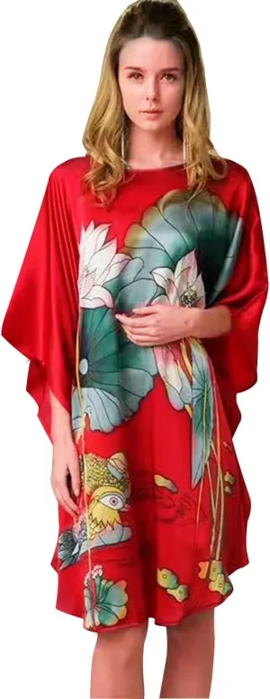 Women's 100% Silk Pajamas, Silk Women's Bathrobes, Silk Kimono Robes, Doll Sleeves Bathrobes - Floral Pattern