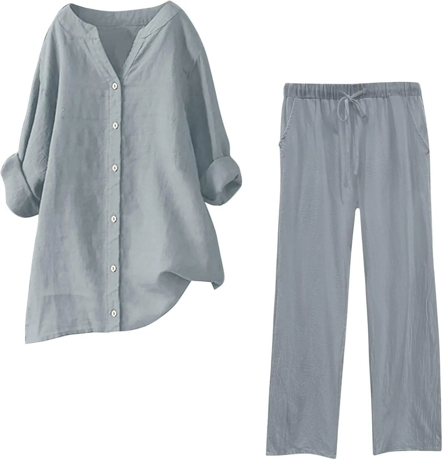 Womens 2 Piece Outfits Sets Casual Linen Long Sleeve Lapel Button Down Shirts and Wide Leg Long Pants Loungewear Suit