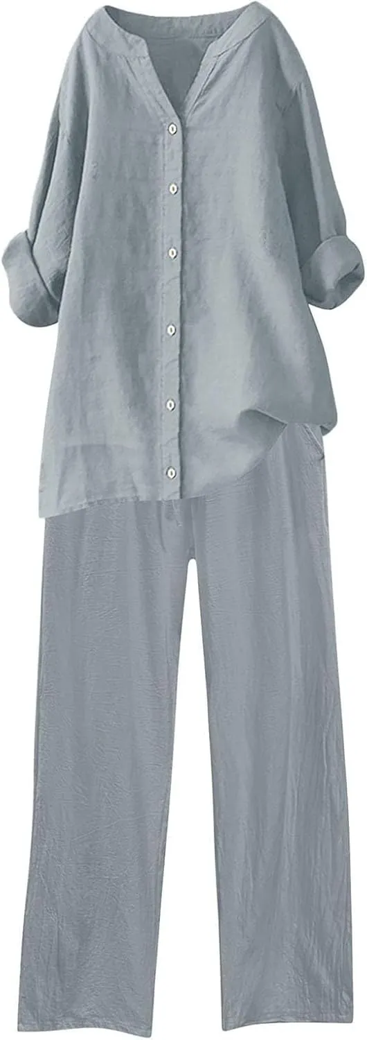 Womens 2 Piece Outfits Sets Casual Linen Long Sleeve Lapel Button Down Shirts and Wide Leg Long Pants Loungewear Suit