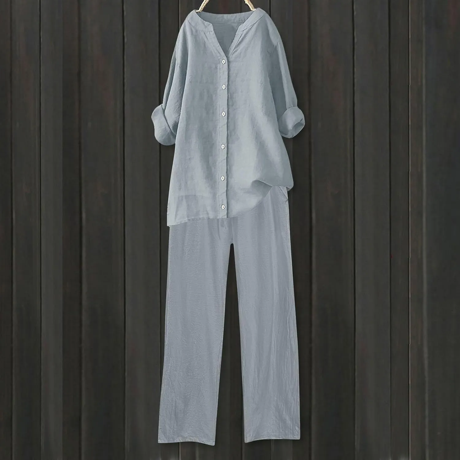 Womens 2 Piece Outfits Sets Casual Linen Long Sleeve Lapel Button Down Shirts and Wide Leg Long Pants Loungewear Suit