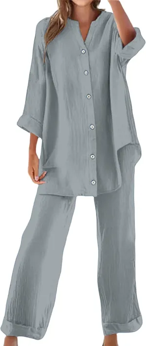 Womens 2 Piece Outfits Sets Casual Linen Long Sleeve Lapel Button Down Shirts and Wide Leg Long Pants Loungewear Suit