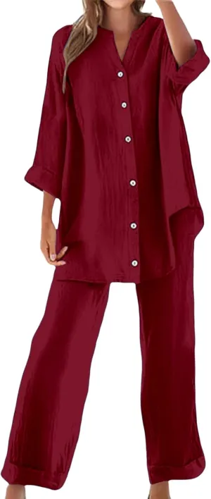Womens 2 Piece Outfits Sets Casual Linen Long Sleeve Lapel Button Down Shirts and Wide Leg Long Pants Loungewear Suit