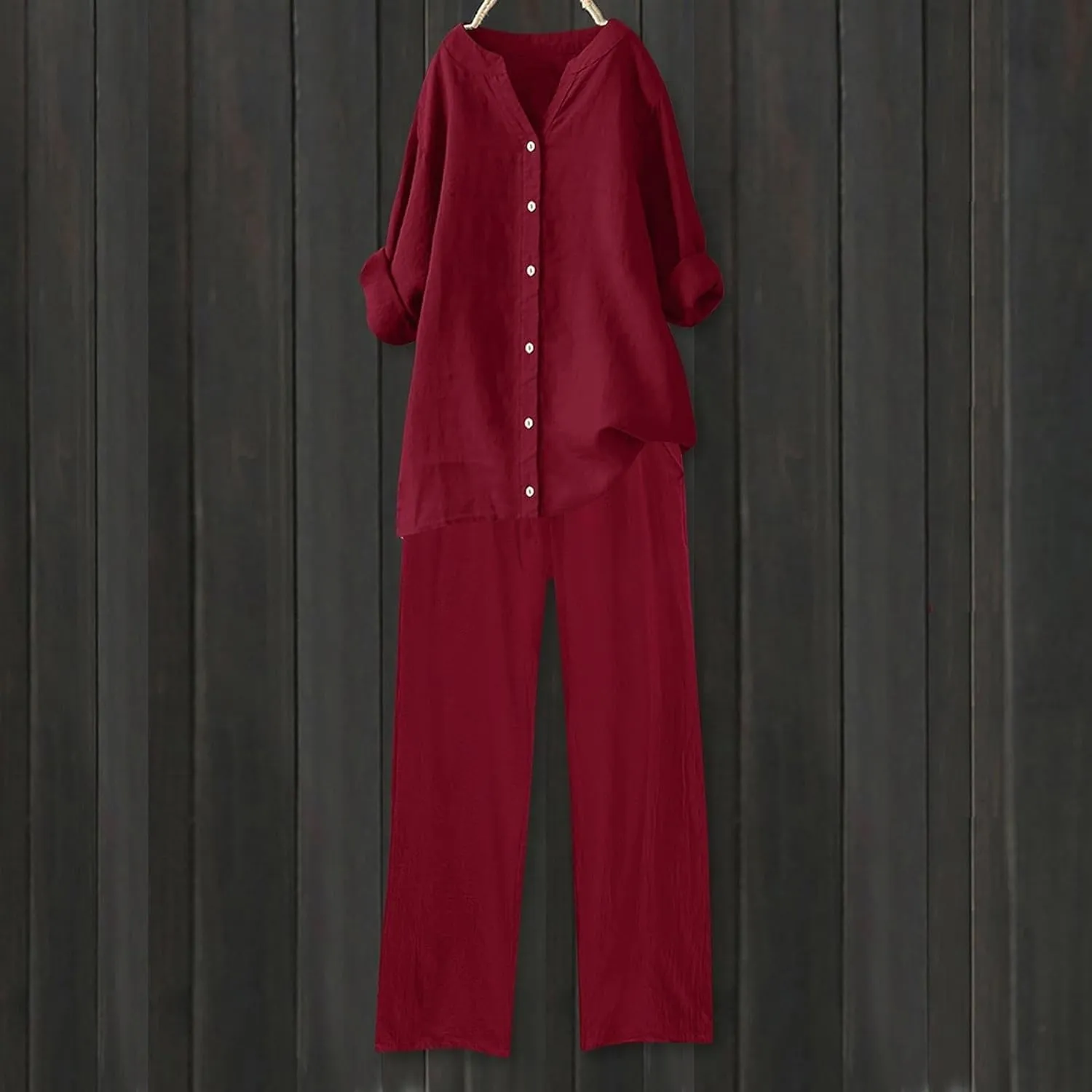 Womens 2 Piece Outfits Sets Casual Linen Long Sleeve Lapel Button Down Shirts and Wide Leg Long Pants Loungewear Suit