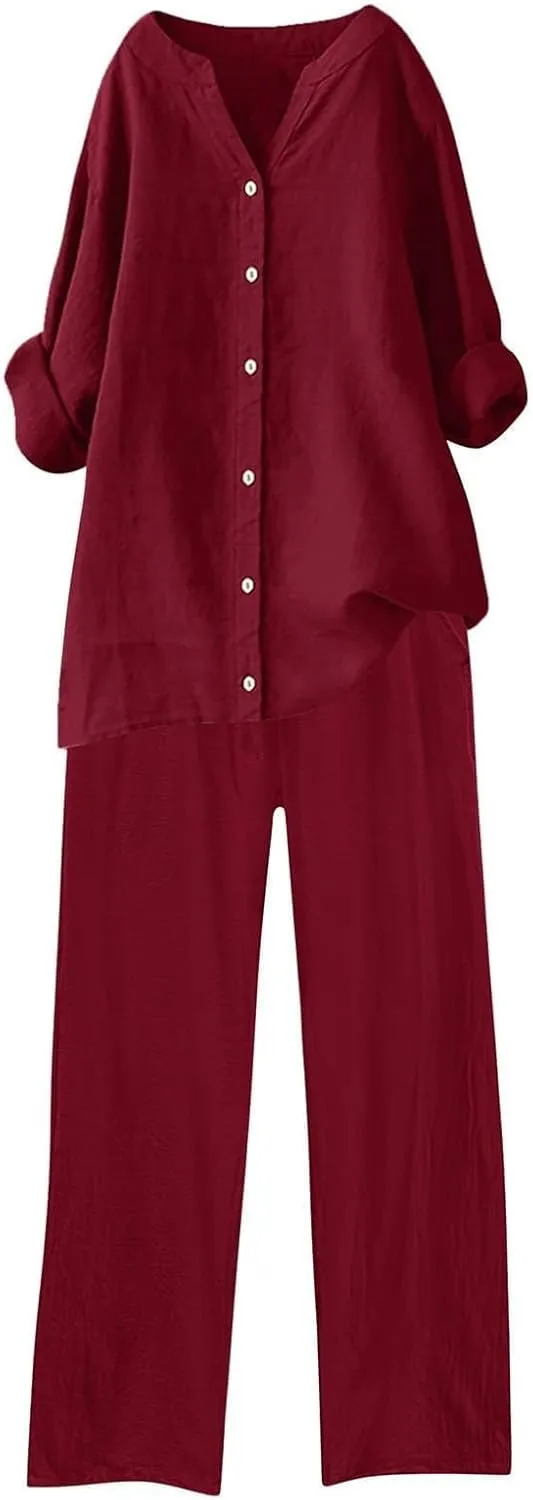 Womens 2 Piece Outfits Sets Casual Linen Long Sleeve Lapel Button Down Shirts and Wide Leg Long Pants Loungewear Suit