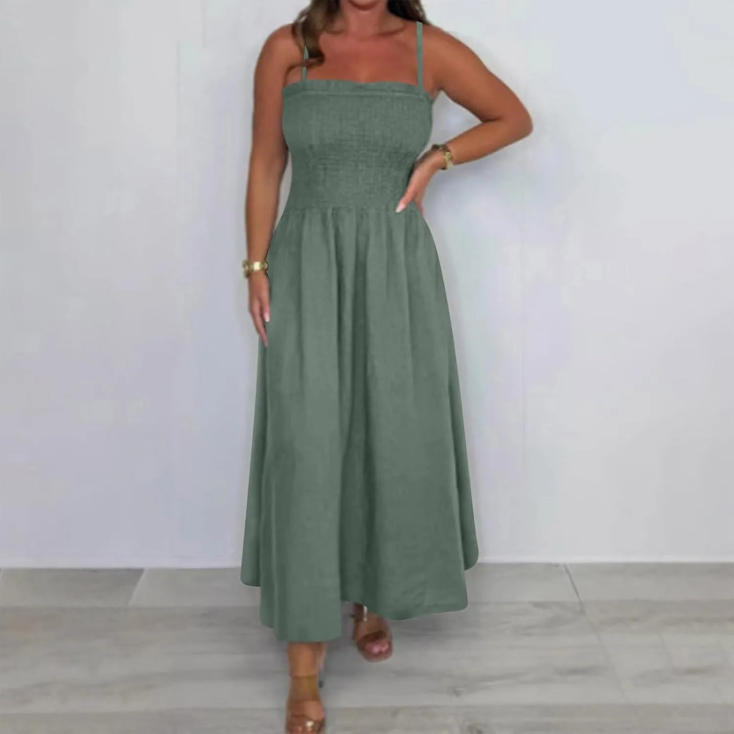 Womens 2 Piece Sets Open Front Cardigan and Sexy Spaghetti Strap Maxi Dresses Party Outfits Cotton Linen Lounge Set
