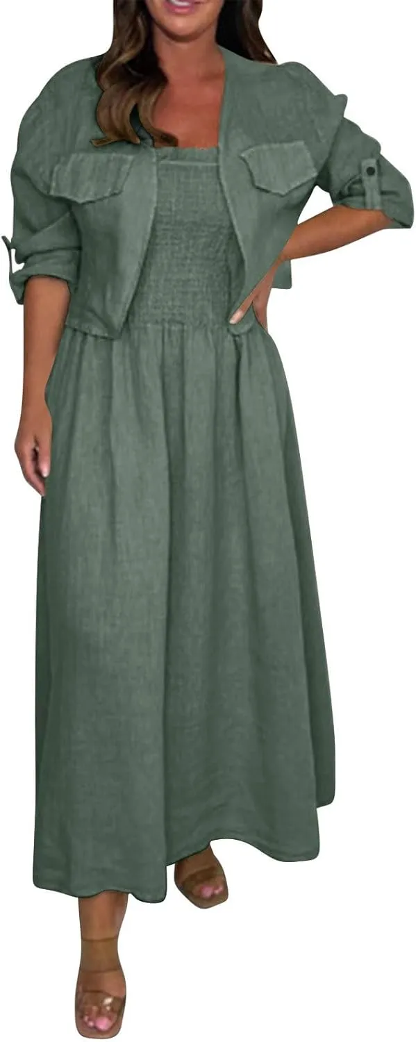 Womens 2 Piece Sets Open Front Cardigan and Sexy Spaghetti Strap Maxi Dresses Party Outfits Cotton Linen Lounge Set