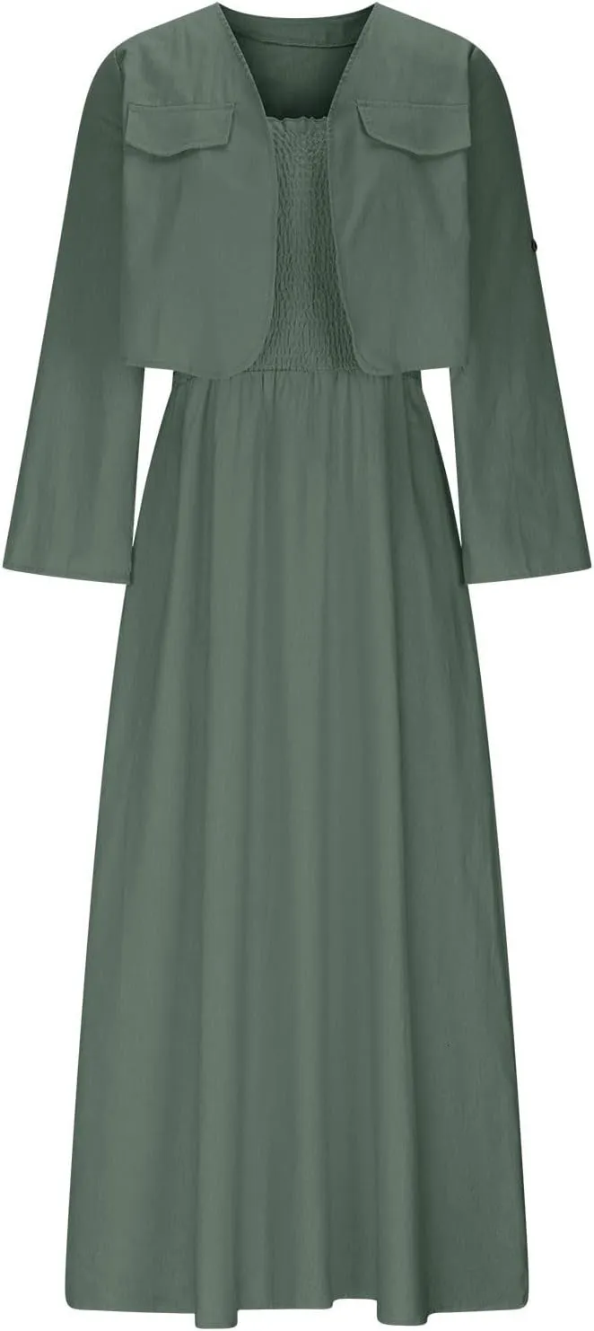 Womens 2 Piece Sets Open Front Cardigan and Sexy Spaghetti Strap Maxi Dresses Party Outfits Cotton Linen Lounge Set