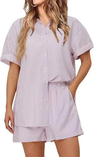 Women's 2 Piece Shorts Sets Outfits Casual Summer Stripe Oversized Short Sleeve Button Down Shirts Drawstring Outfits