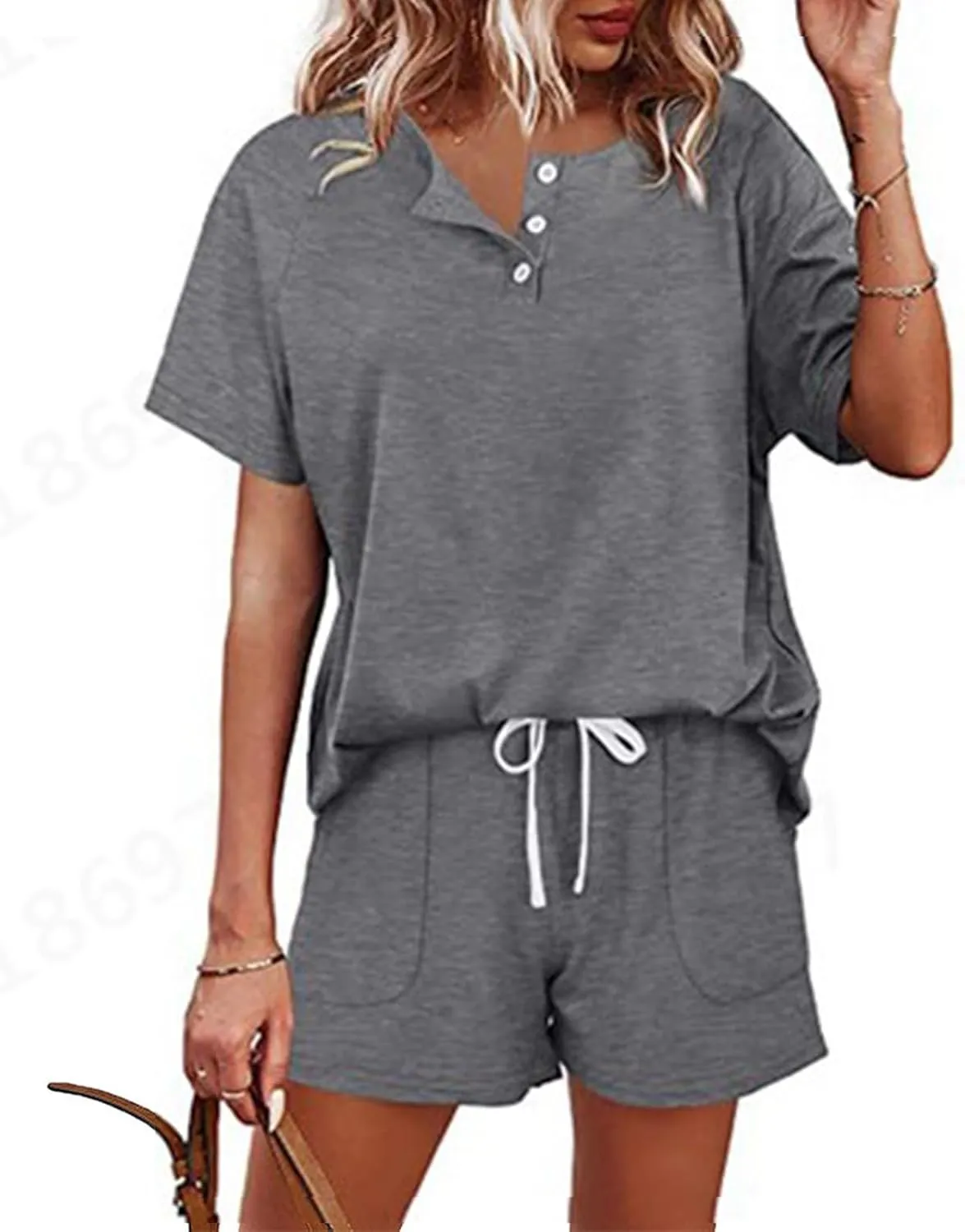 Women's 2025 Summer 2 Piece Lounge Sets Button Down Short Sleeve Tops and Shorts Casual Sweatsuits with Pockets