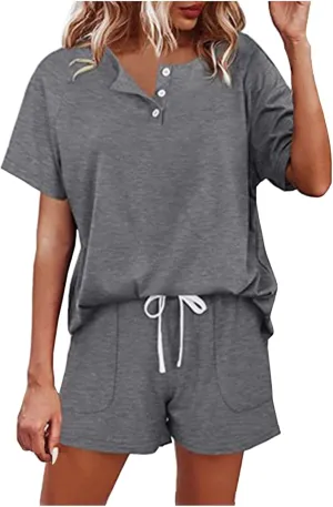 Women's 2025 Summer 2 Piece Lounge Sets Button Down Short Sleeve Tops and Shorts Casual Sweatsuits with Pockets