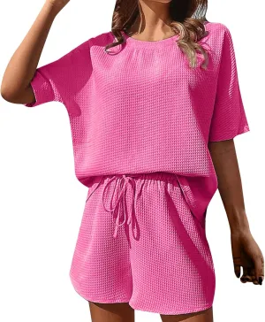 Women's 2025 Summer 2 Piece Lounge Sets Button Down Short Sleeve Tops and Shorts Casual Sweatsuits with Pockets