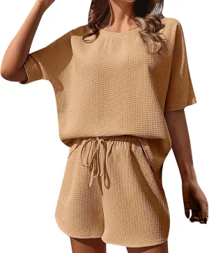 Women's 2025 Summer 2 Piece Lounge Sets Button Down Short Sleeve Tops and Shorts Casual Sweatsuits with Pockets