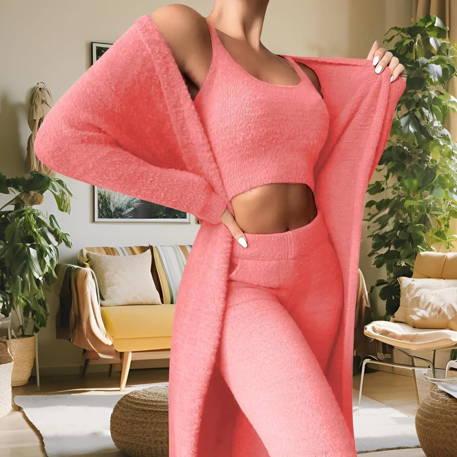 Women's 3 Piece Lounge Set Fuzzy Open Front Cardigan Crop Tank Tops Long Pants Sleepwear Lounge Sets