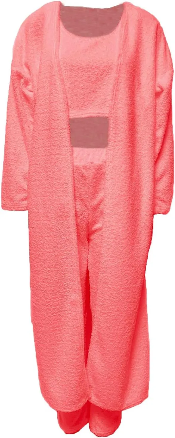 Women's 3 Piece Lounge Set Fuzzy Open Front Cardigan Crop Tank Tops Long Pants Sleepwear Lounge Sets