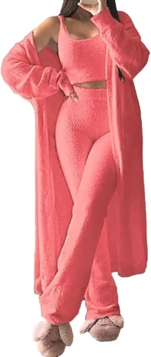Women's 3 Piece Lounge Set Fuzzy Open Front Cardigan Crop Tank Tops Long Pants Sleepwear Lounge Sets