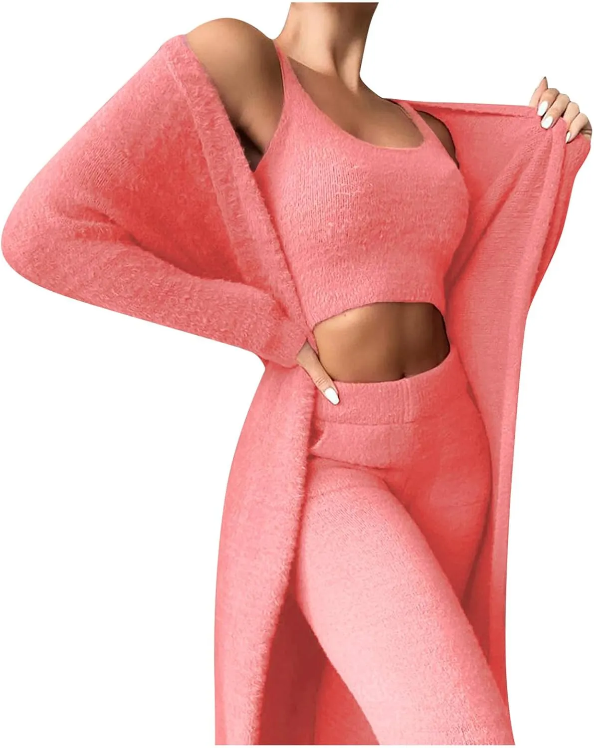 Women's 3 Piece Lounge Set Fuzzy Open Front Cardigan Crop Tank Tops Long Pants Sleepwear Lounge Sets