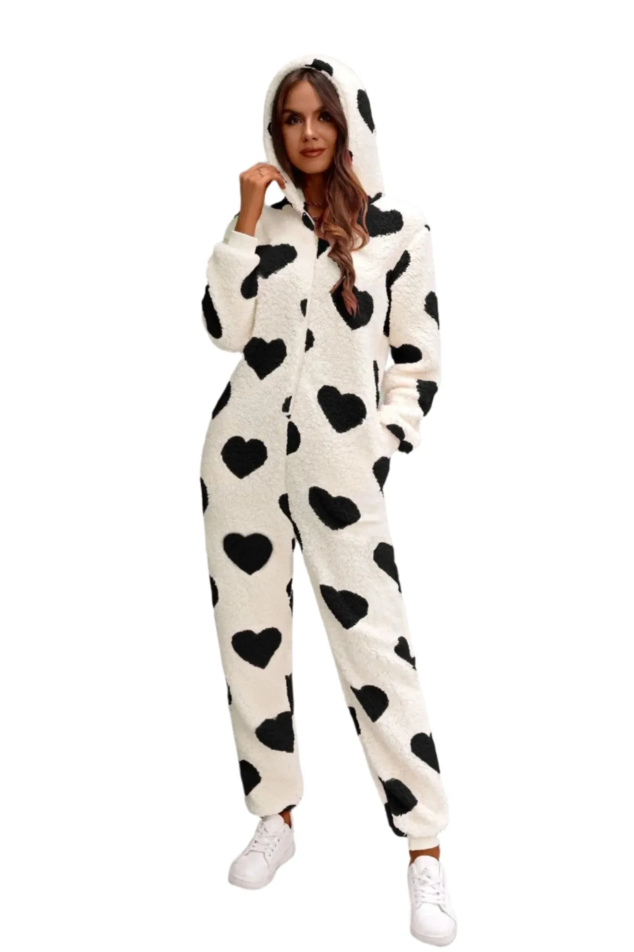Women's Autumn & Winter Plush Love Print Hooded Jumpsuit - Valentine’s Day Casual Sleepwear & Homewear