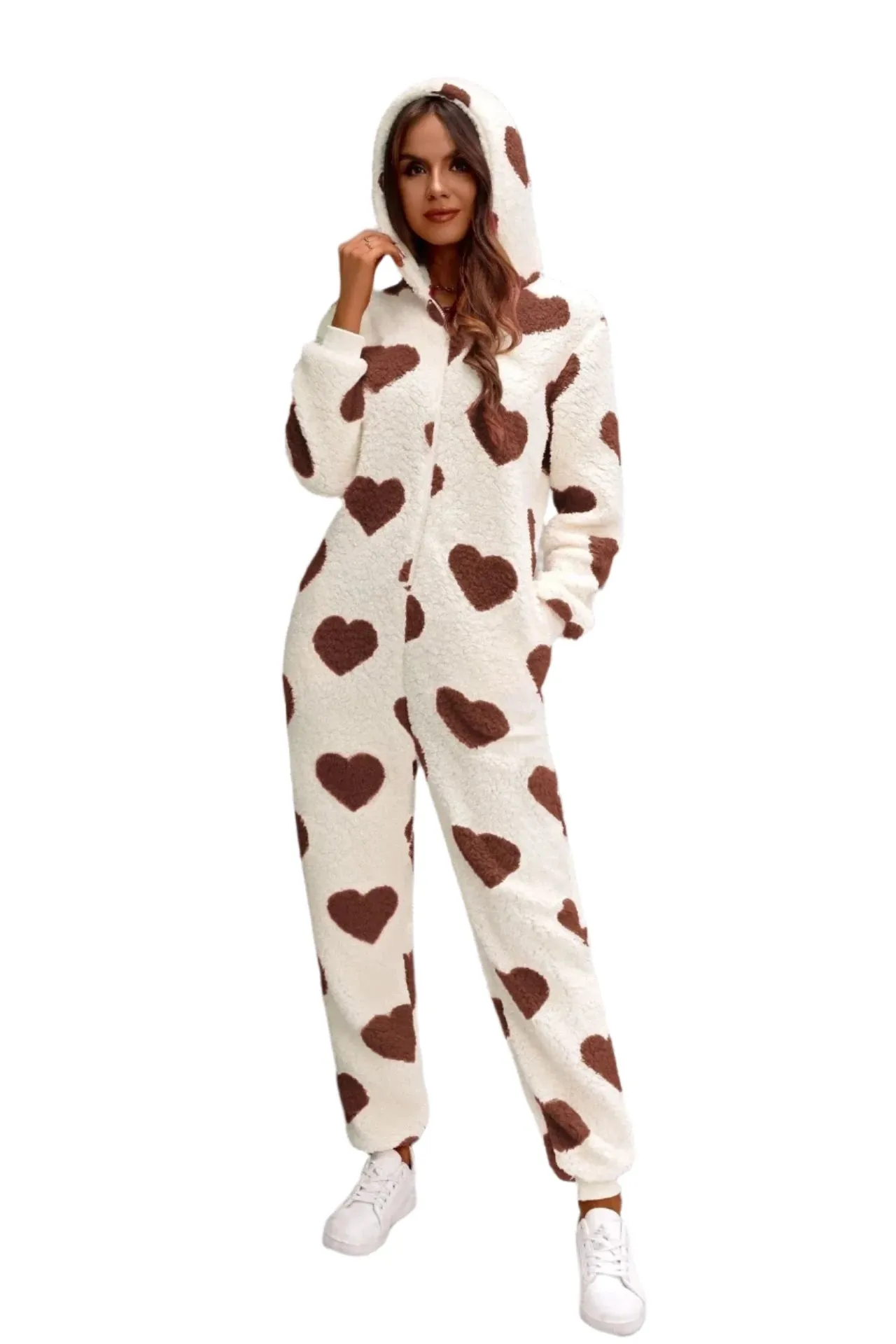 Women's Autumn & Winter Plush Love Print Hooded Jumpsuit - Valentine’s Day Casual Sleepwear & Homewear