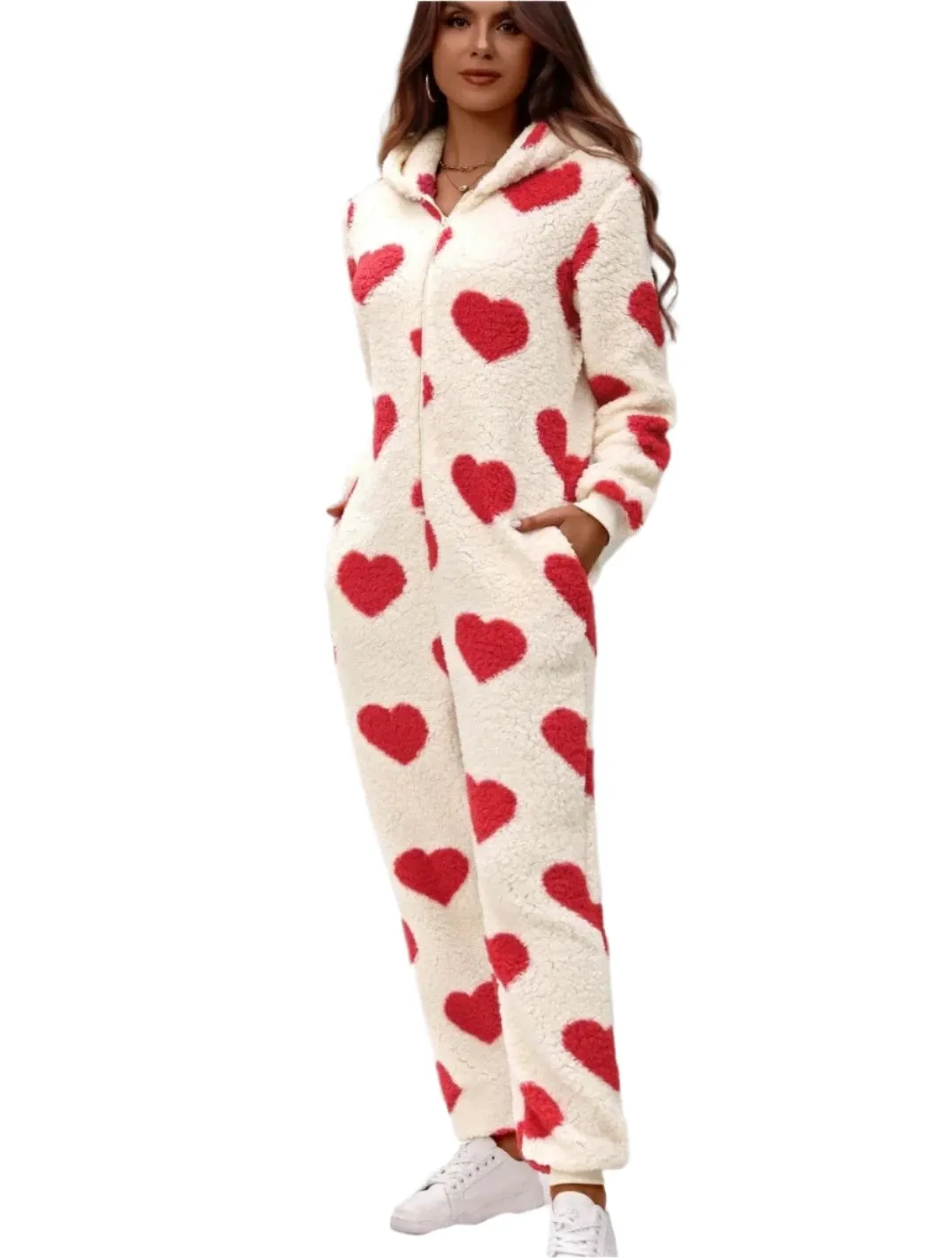 Women's Autumn & Winter Plush Love Print Hooded Jumpsuit - Valentine’s Day Casual Sleepwear & Homewear