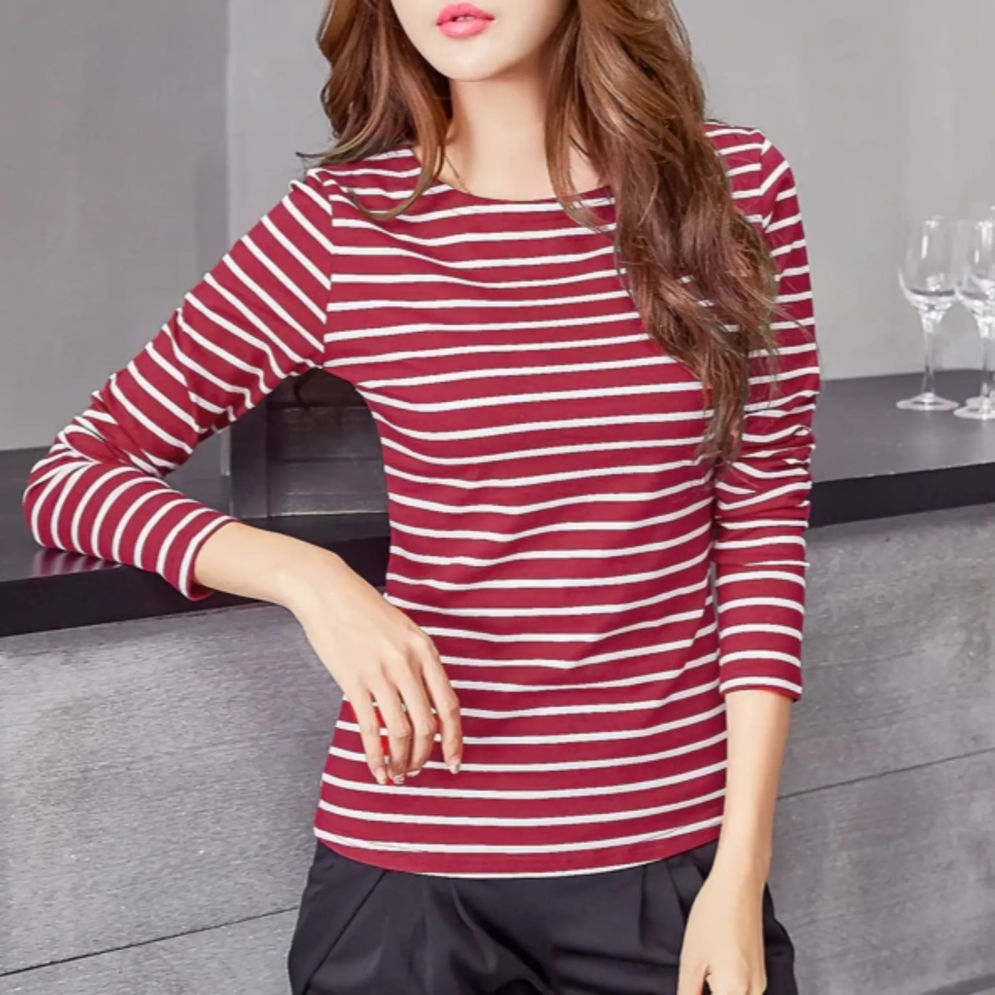 Women's Autumn Casual O-Neck Striped T-Shirt | Plus Size