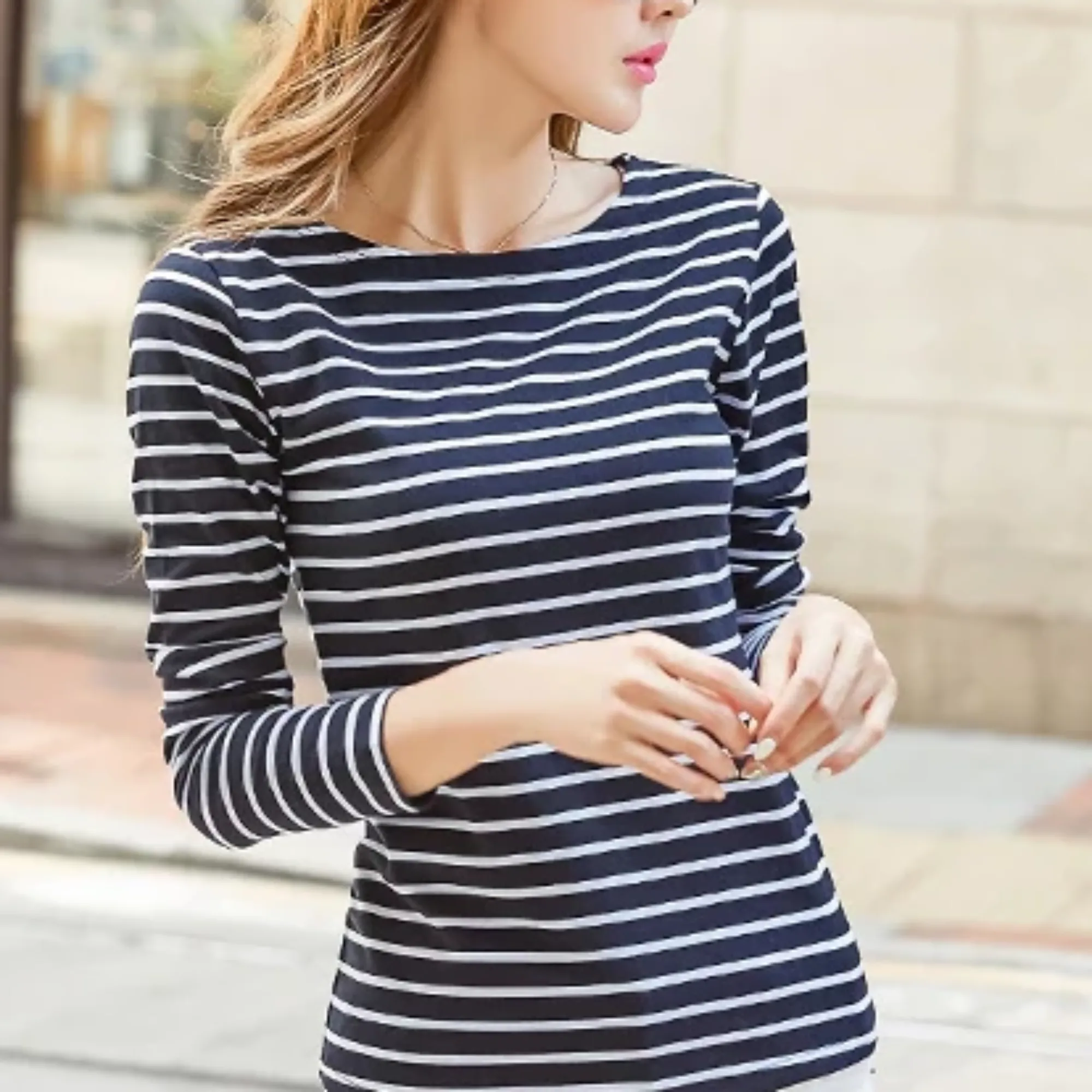 Women's Autumn Casual O-Neck Striped T-Shirt | Plus Size