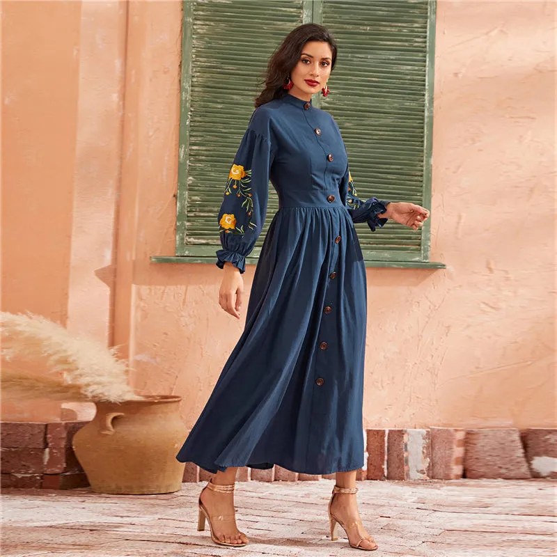 Women's Autumn Polyester A-Line Long Dress With Buttons
