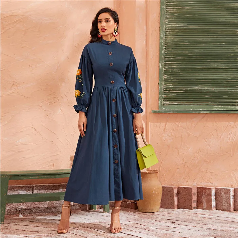 Women's Autumn Polyester A-Line Long Dress With Buttons