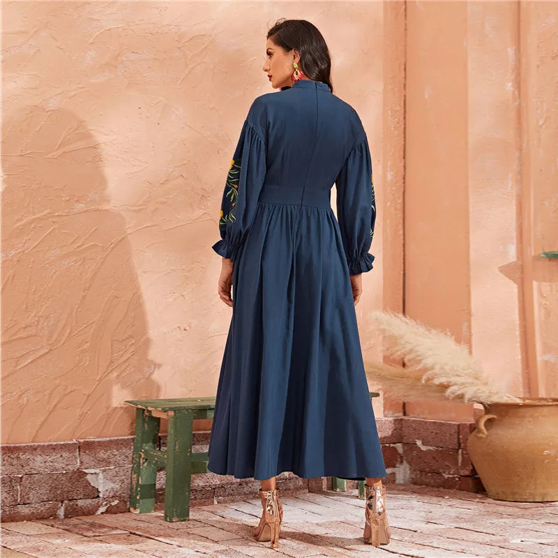 Women's Autumn Polyester A-Line Long Dress With Buttons