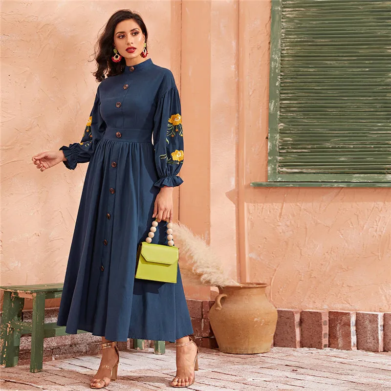 Women's Autumn Polyester A-Line Long Dress With Buttons