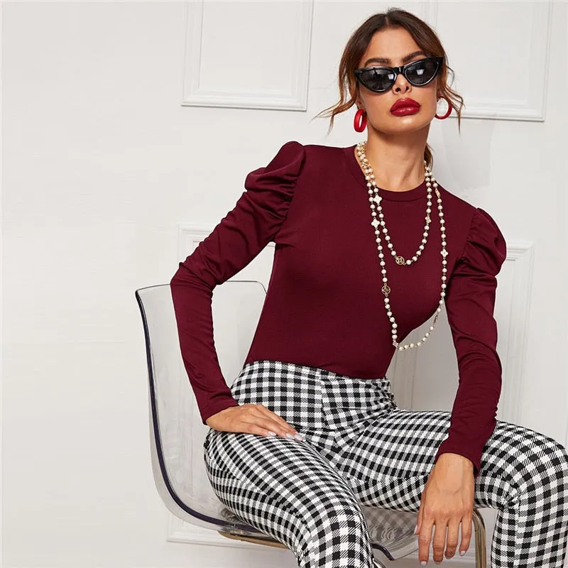 Women's Autumn Skinny O-Neck Puff-Sleeved T-Shirt