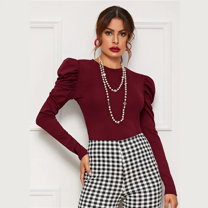 Women's Autumn Skinny O-Neck Puff-Sleeved T-Shirt