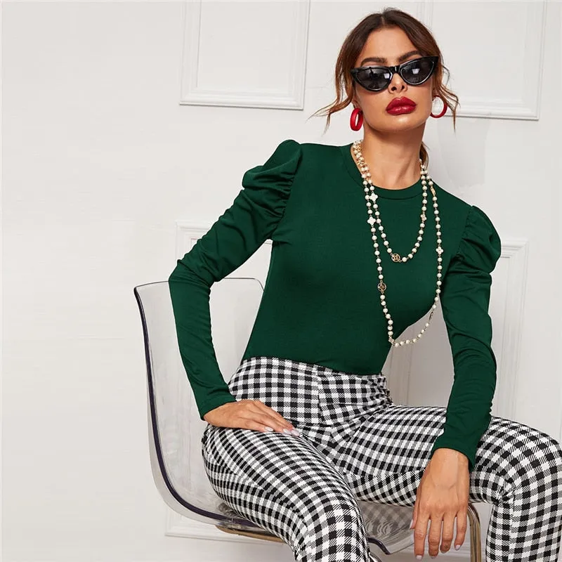 Women's Autumn Skinny O-Neck Puff-Sleeved T-Shirt