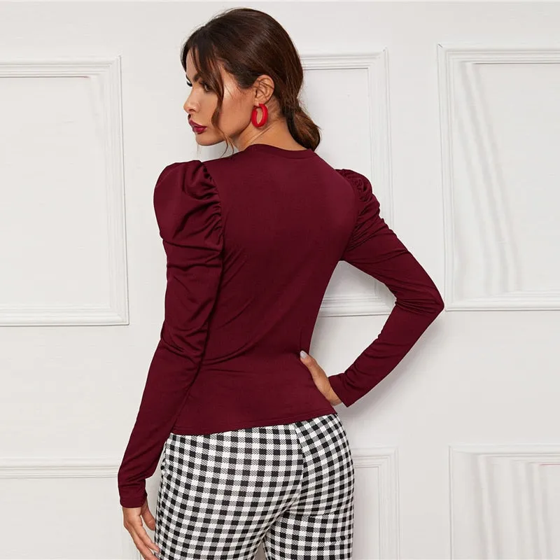 Women's Autumn Skinny O-Neck Puff-Sleeved T-Shirt