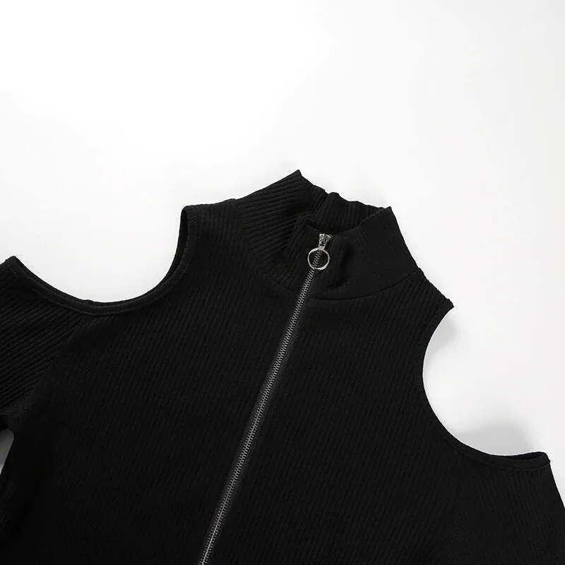 Women's Autumn/Winter Cotton Hollow Out Shoulder Long-Sleeved Bodysuit With Turtleneck