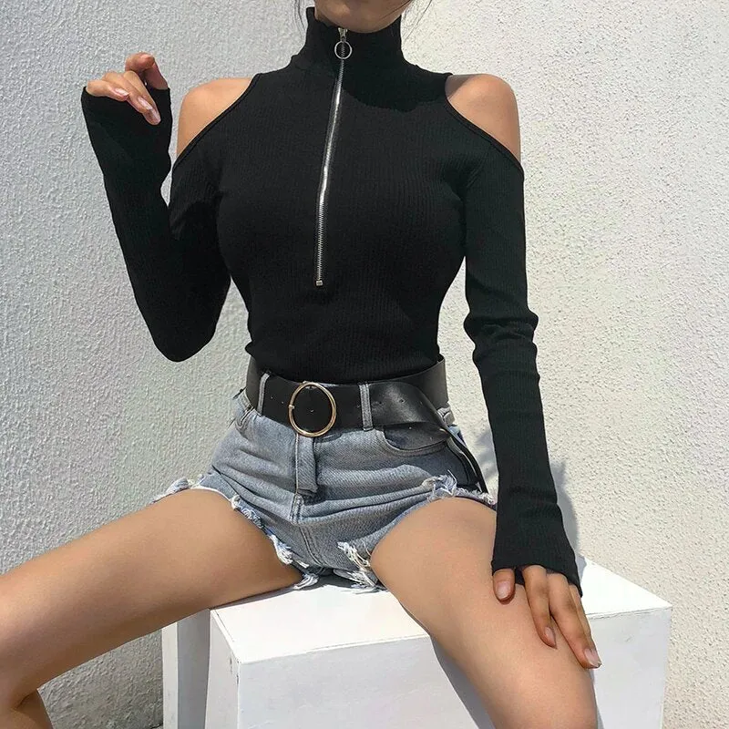 Women's Autumn/Winter Cotton Hollow Out Shoulder Long-Sleeved Bodysuit With Turtleneck
