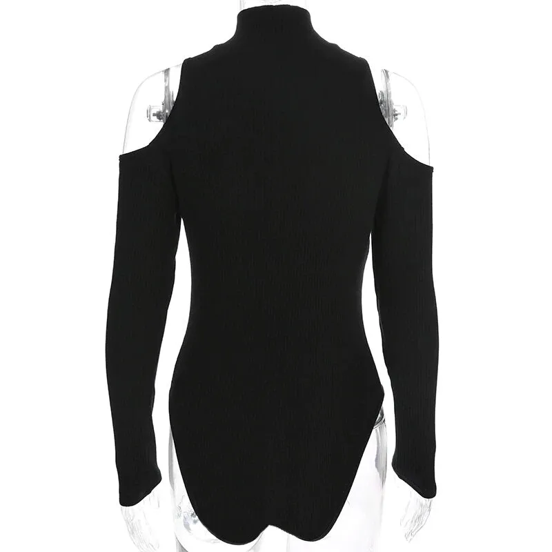 Women's Autumn/Winter Cotton Hollow Out Shoulder Long-Sleeved Bodysuit With Turtleneck