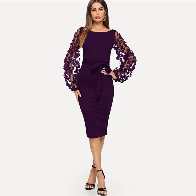 Women's Bodycon Flower Applique Mesh Sleeved Midi Dress