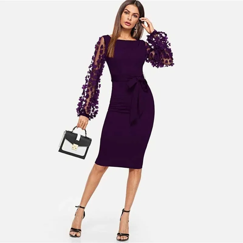 Women's Bodycon Flower Applique Mesh Sleeved Midi Dress