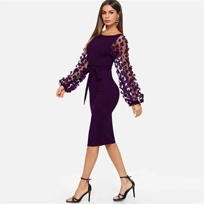 Women's Bodycon Flower Applique Mesh Sleeved Midi Dress