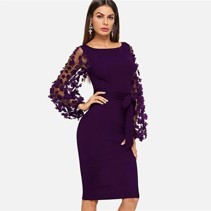 Women's Bodycon Flower Applique Mesh Sleeved Midi Dress