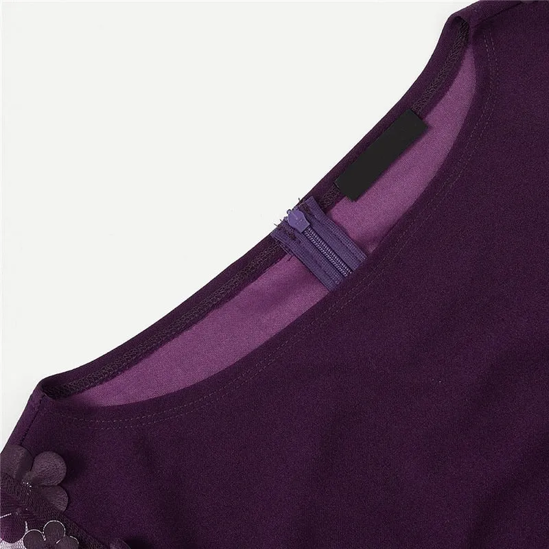 Women's Bodycon Flower Applique Mesh Sleeved Midi Dress
