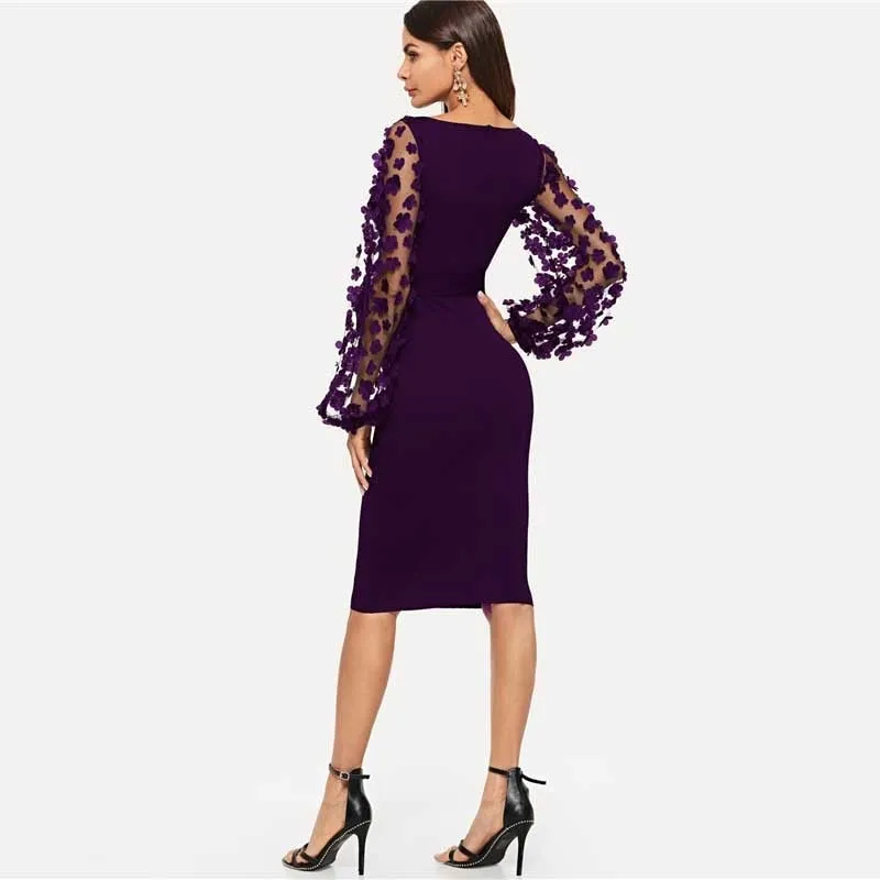 Women's Bodycon Flower Applique Mesh Sleeved Midi Dress