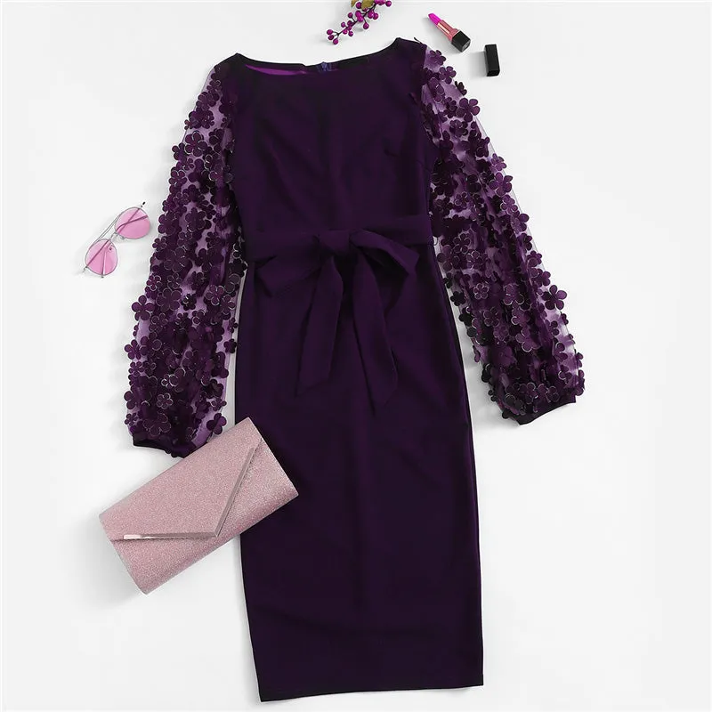 Women's Bodycon Flower Applique Mesh Sleeved Midi Dress