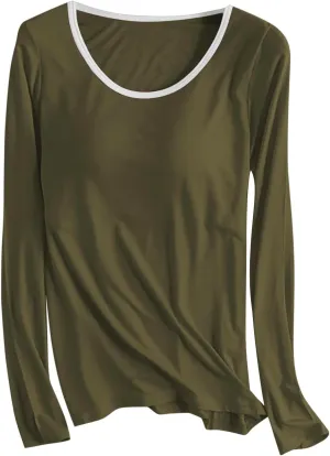 Women's Built-in Bra T-Shirt Long Sleeve Workout Yoga Tops Padded Bra Soft Pajamas Colorblock Comfy Crewneck Athletic Shirts