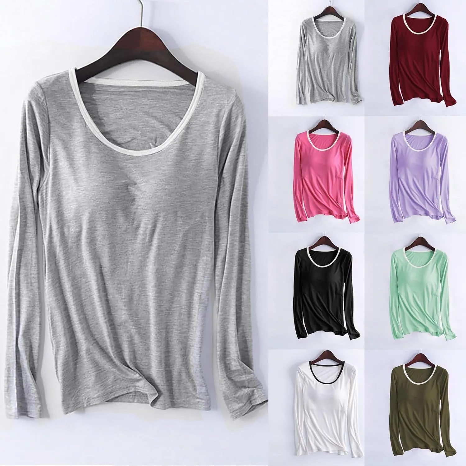 Women's Built-in Bra T-Shirt Long Sleeve Workout Yoga Tops Padded Bra Soft Pajamas Colorblock Comfy Crewneck Athletic Shirts